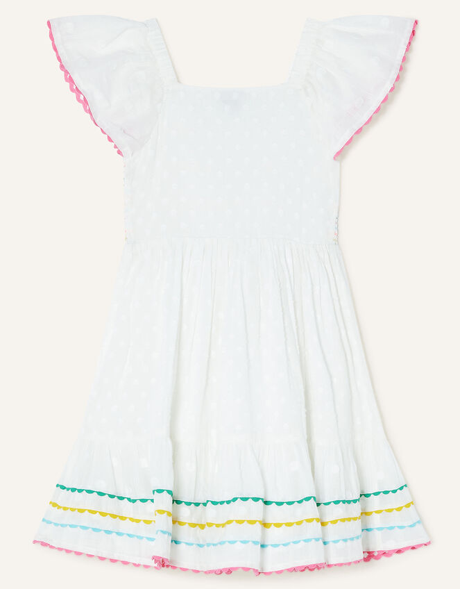 Shirred Ricrac Trim Dress in Sustainable Cotton, White (WHITE), large