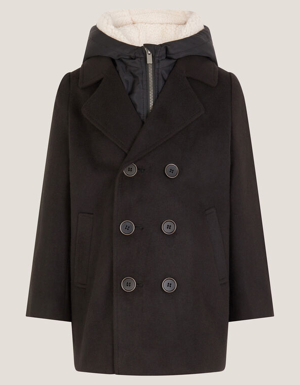 Zip Through Hooded Peacoat, Black (BLACK), large