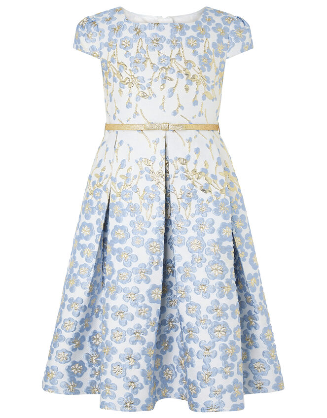 Petal Jacquard Occasion Dress with Glitter Belt, Blue (BLUE), large