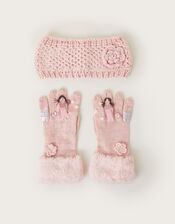 Flower Princess Gloves and Knit Headband Set, Pink (PINK), large