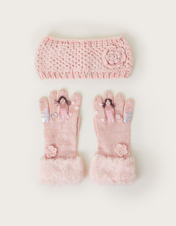 Flower Princess Gloves and Knit Headband Set, Pink (PINK), large