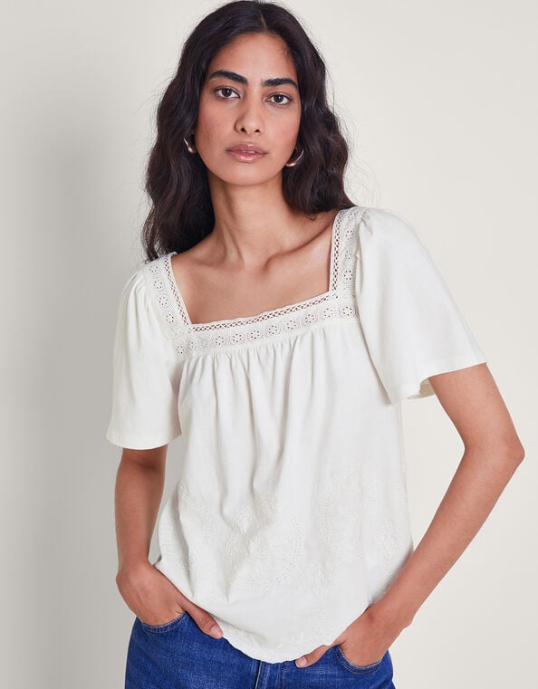 Elodie Embroidered T-Shirt, Ivory (IVORY), large