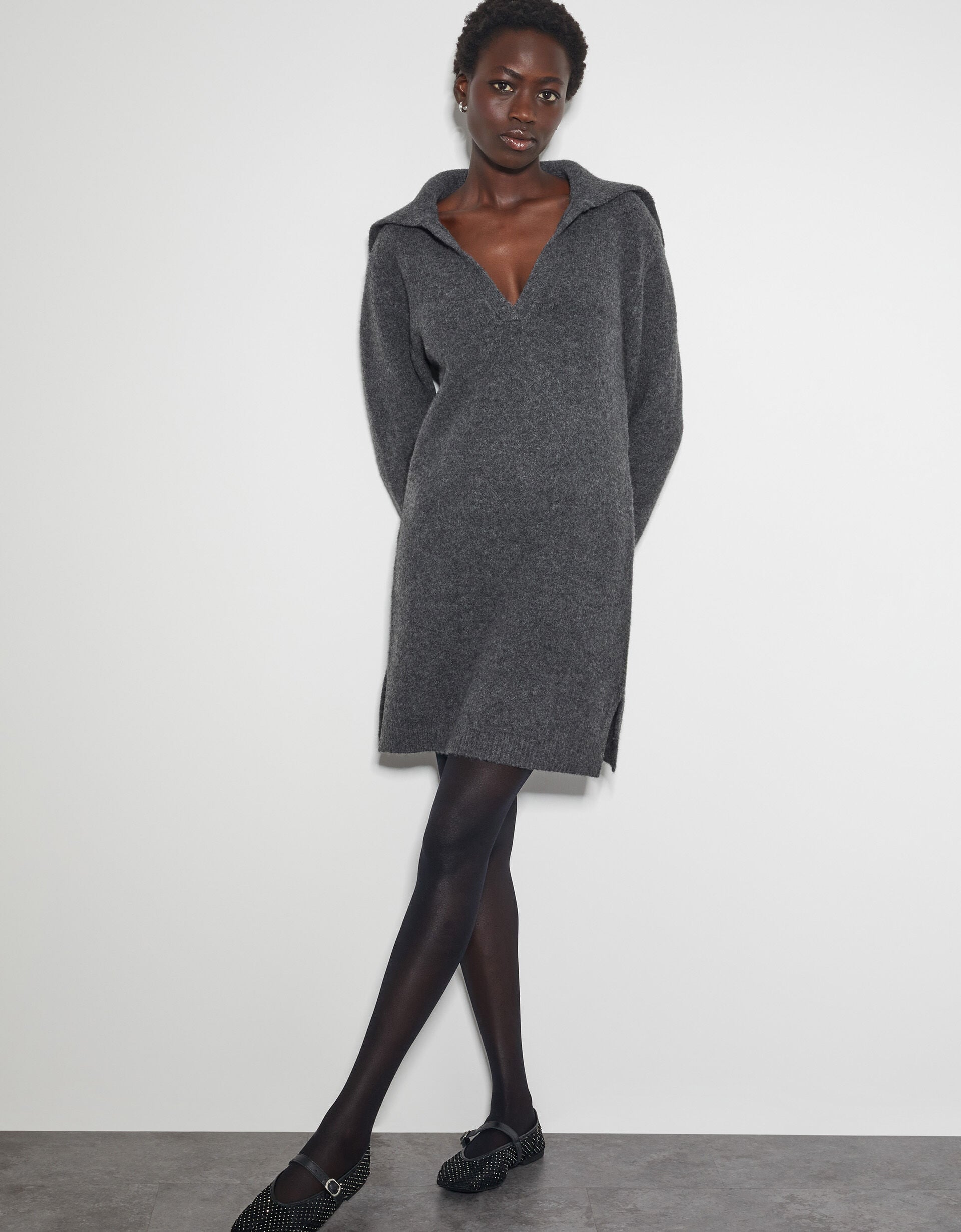 Nora Collared Mini Jumper Dress Grey | Day Dresses | Monsoon UK.