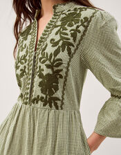 Gaia Embroidered Gingham Midi Dress, Green (GREEN), large