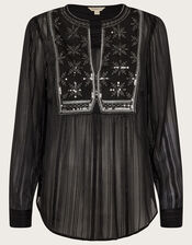 Haley Embroidered Bib Blouse, Black (BLACK), large