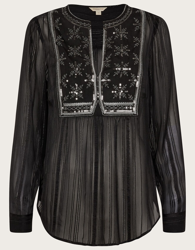 Haley Embroidered Bib Blouse, Black (BLACK), large
