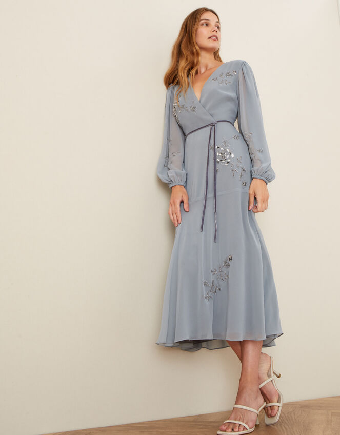 Gracie Embroidered Wrap Dress in Recycled Fabric, Grey (GREY), large