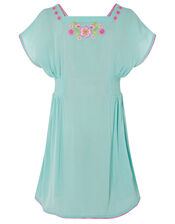 Floral Embroidered Kaftan Dress, Blue (TURQUOISE), large