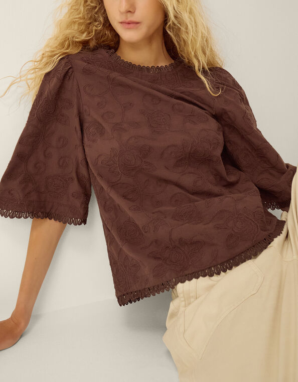 Sabine Floral Embroidered Top, Brown (BROWN), large