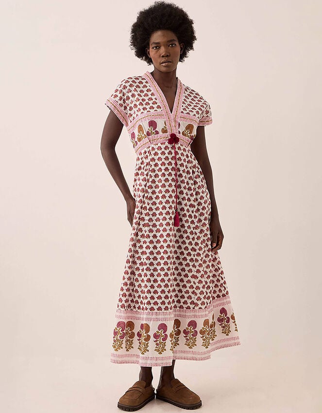 East Karmen Hand-Woodblock Floral Printed Cotton Waisted Midi Dress, Pink (PINK), large