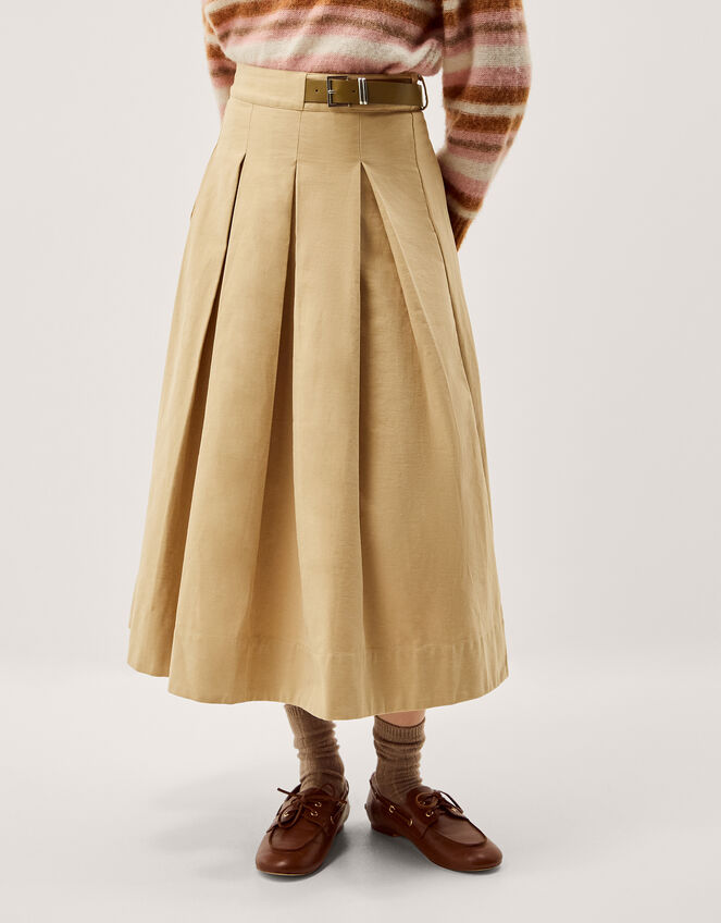 Poppy Buckle Pleated Midi Skirt Natural