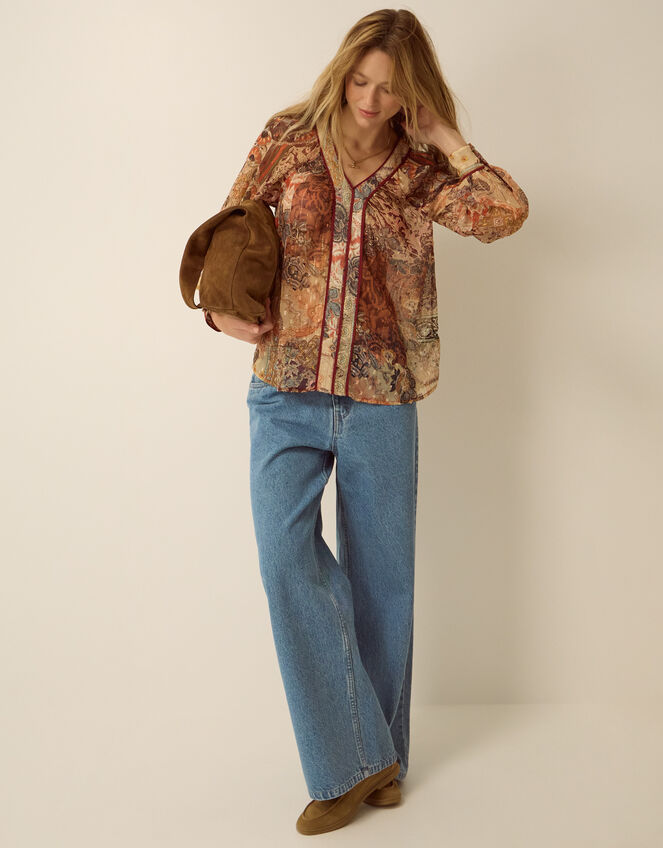 Evelina Sheer Floral Print Top Brown