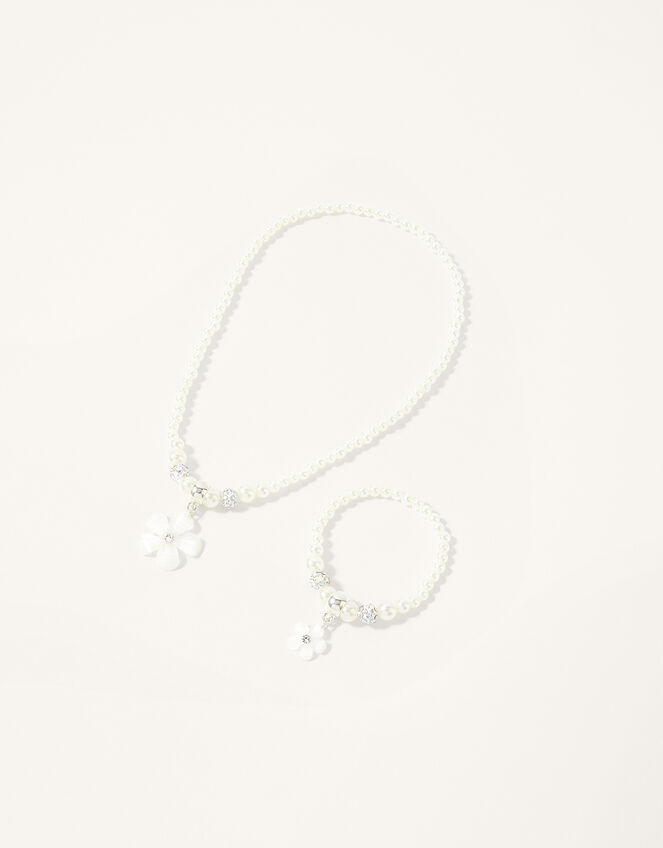 Jewel Flower Pearl Necklace and Bracelet Set, , large