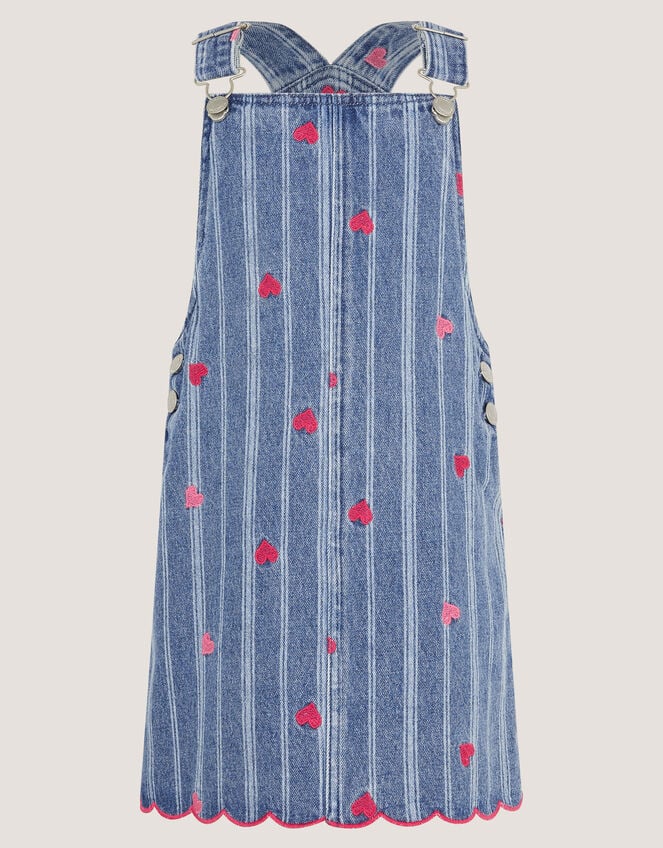 Embroidered Heart Pinafore Denim Dress , Blue (BLUE), large