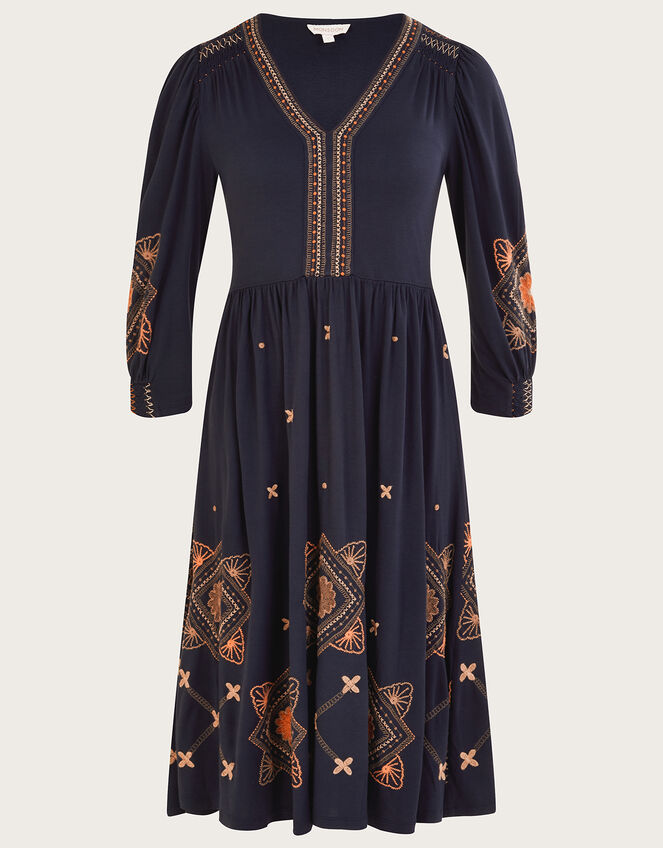 Embellished Puff Sleeve Midi Jersey Dress, Blue (NAVY), large