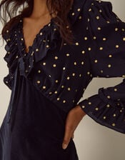 Stevie V-Neck Foil Polka Dot Velvet Midi Dress, Blue (MIDNIGHT), large