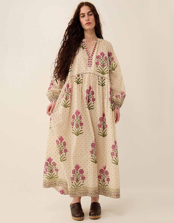 East Roza Hand-Woodblock Floral Cotton Dress, Multi (MULTI), large