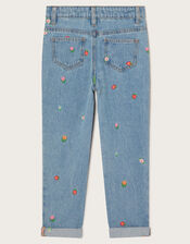 Floral Embroidered Straight Jeans, Blue (BLUE), large