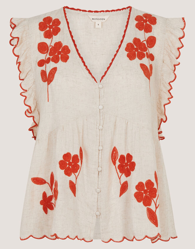Rhea Embroidered Linen Blend Top, Natural (NATURAL), large