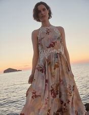 Mia Floral Embroidered Halter Midi Dress, Multi (MULTI), large