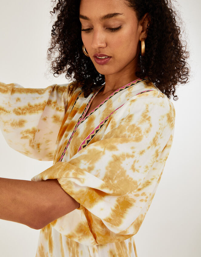 Tie Dye Printed Kaftan Dress, Yellow (OCHRE), large