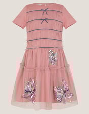 Sequin Butterfly Jersey Mesh Dress, Pink (PINK), large