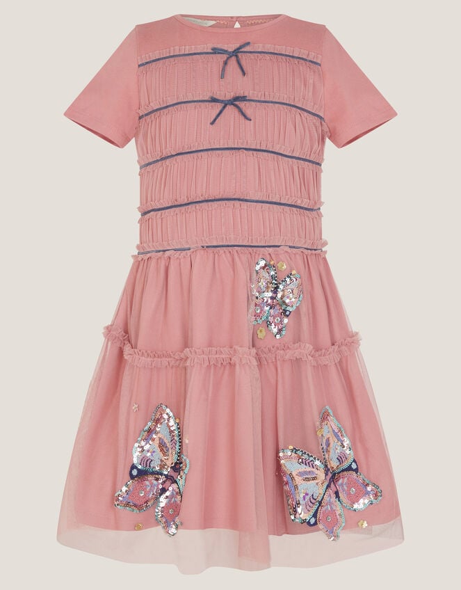 Sequin Butterfly Jersey Mesh Dress, Pink (PINK), large