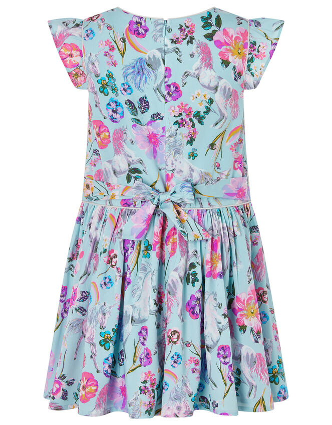 Armelle Unicorn Print Dress in Recycled Polyester, Blue (AQUA), large