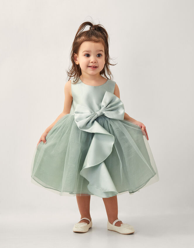 Baby Waterfall Bow Tulle Dress , Green (SAGE), large