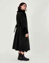 Felicity Faux Fur Trim Belted Wool Blend Coat, Black (BLACK), large