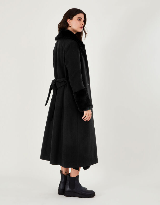 Felicity Faux Fur Trim Belted Wool Blend Coat, Black (BLACK), large