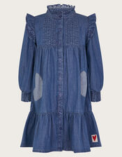 Long Sleeve Ruffle Heart Denim Dress, Blue (BLUE), large