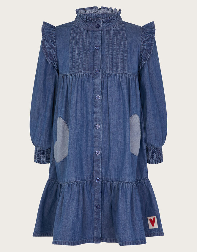 Long Sleeve Ruffle Heart Denim Dress, Blue (BLUE), large