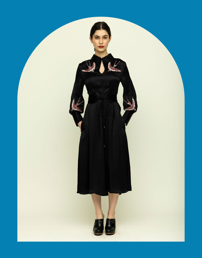 Tallulah & Hope Tamsin Bird Embroidered Midi Dress, Black (BLACK), large