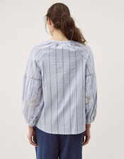 Maia Embroidered Stripe Blouse, Blue (BLUE), large