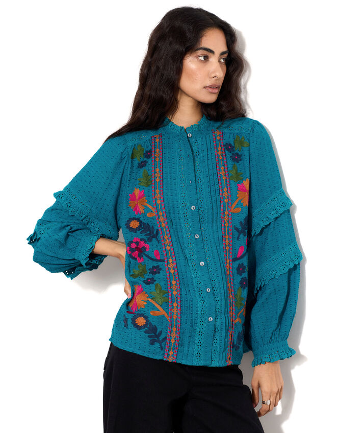 East Embroidered Ruffle Sleeve Blouse, Green (GREEN), large