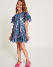 Frilly Sleeve Metallic Print Mesh Dress, Grey (GREY), large