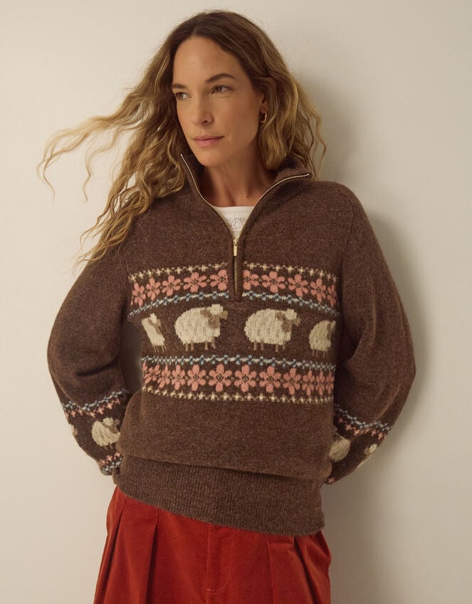 Shona Half Zip Sheep Jumper, Brown (CHOCOLATE), large