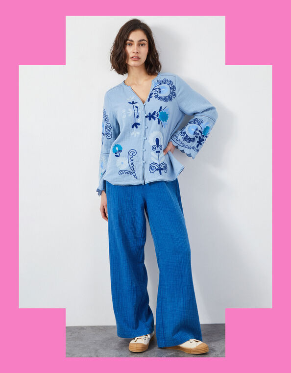 East Aurina Long Sleeve Embroidered Blouse, Blue (BLUE), large
