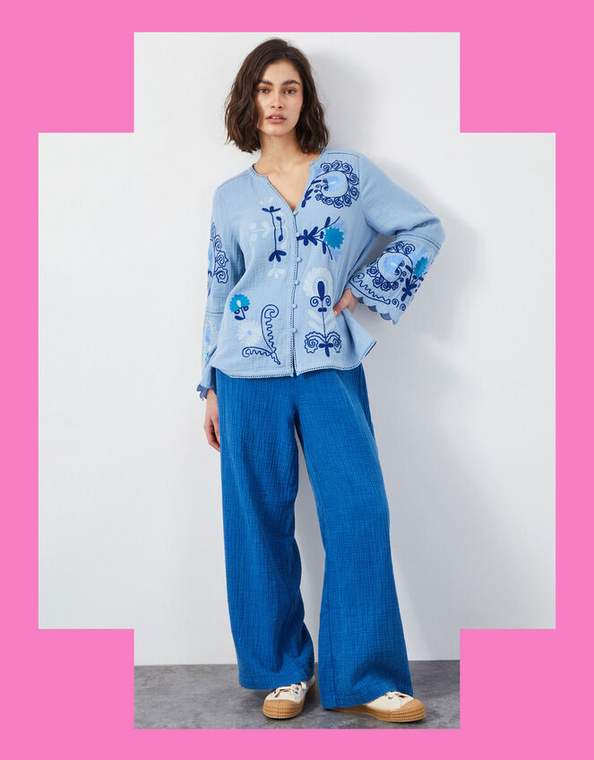 East Aurina Long Sleeve Embroidered Blouse, Blue (BLUE), large