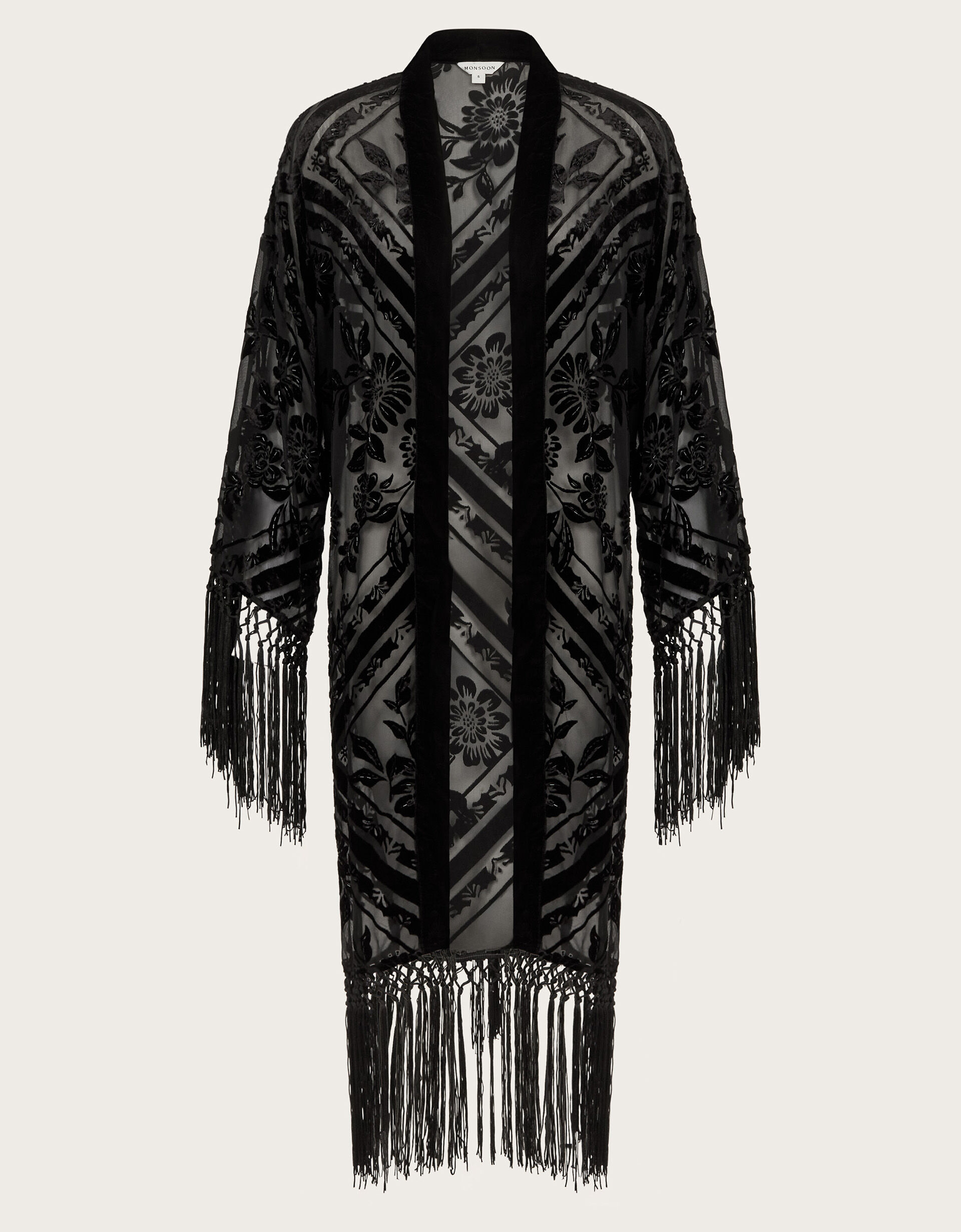 Darcy Fringe Floral Devore Kimono Black Women s Jackets Monsoon UK