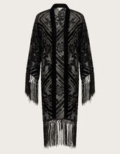Darcy Fringe Floral Devore Kimono, Black (BLACK), large