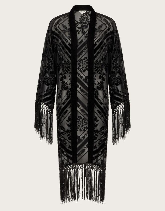 Darcy Fringe Floral Devore Kimono, Black (BLACK), large