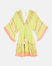 Piti Cuiti Floral Embroidered Mini Kaftan Dress, Green (LIME), large
