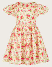 Frilly Short Sleeve Rose Print Dress, Pink (PINK), large