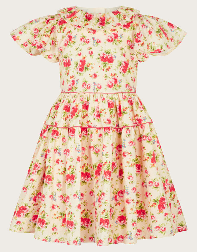 Frilly Short Sleeve Rose Print Dress, Pink (PINK), large