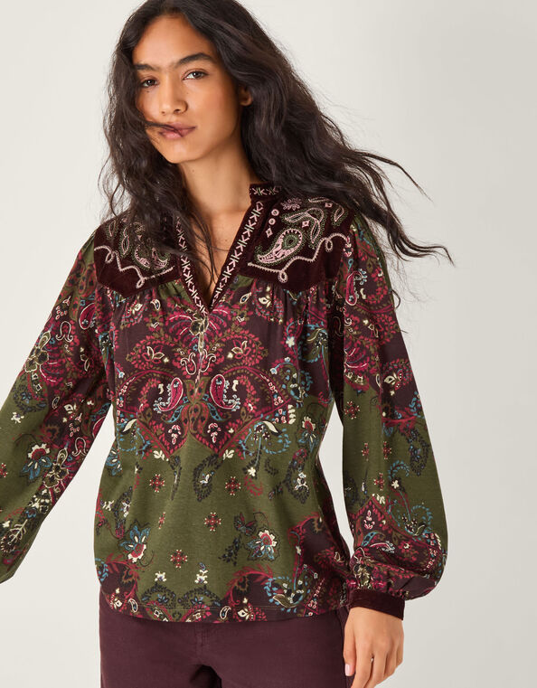 Jemima Paisley Print Jersey Top, Green (GREEN), large