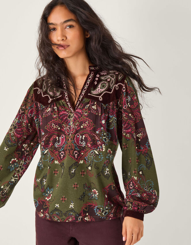 Jemima Paisley Print Jersey Top, Green (GREEN), large