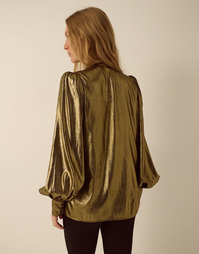 Monsoon x Queens of Archive Debbie Tie Neck Metallic Blouson Blouse​, Gold (GOLD), large