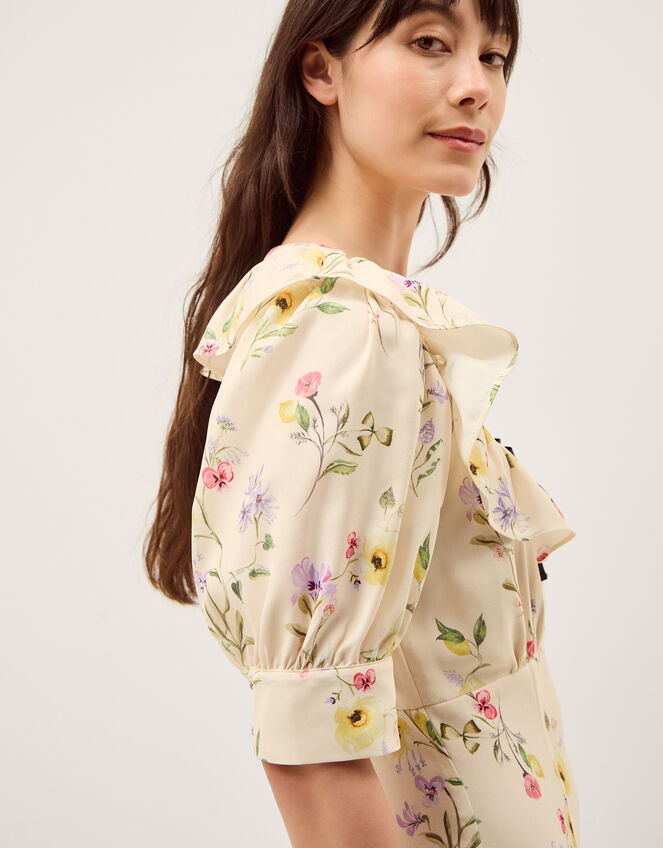 Sienna Frill Neck Floral Midi Dress Ivory